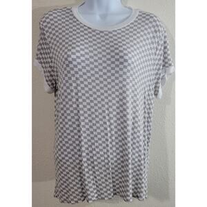 Justify Tan White Checkered Women's Top Large Short Sleeves Round Neck Stretchy